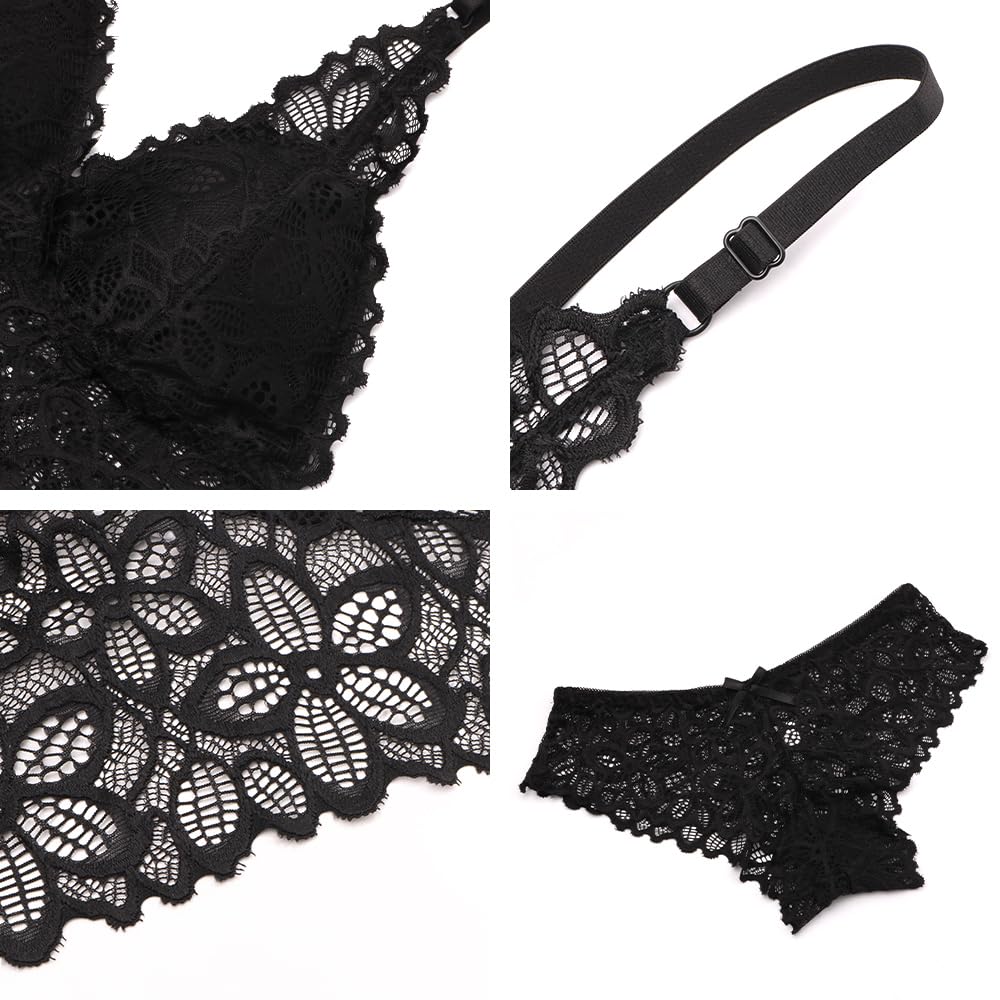 Unterwäsche Set BH und Slip Dessous Damen Spitze BH Unterhosen Set Bügelfreier BHS mit Verstellbaren Trägern Push-Up Büstenhalter ohne Bügel Große Größen Babydoll Schwarz Rot S-L