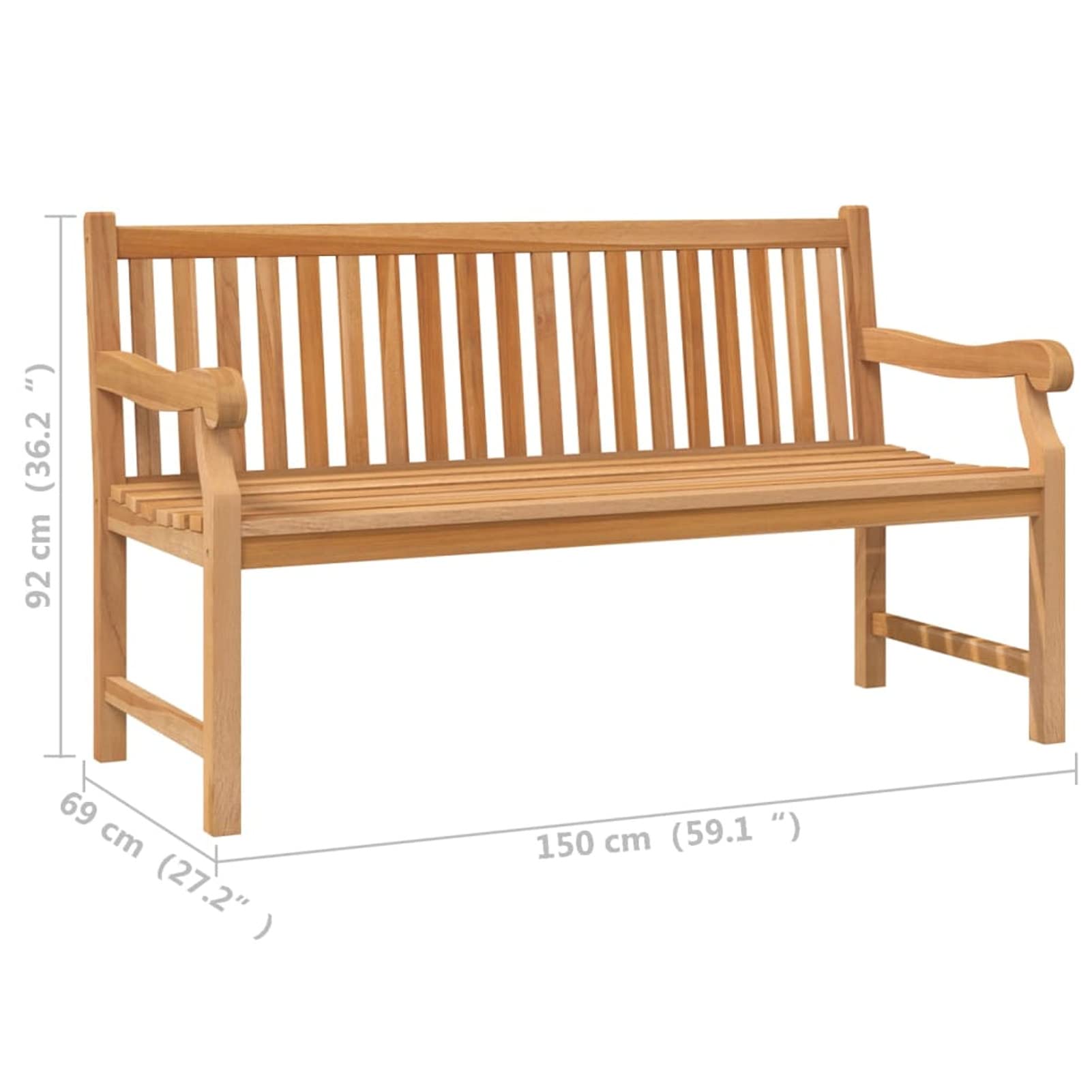 Banco de jardín de 150 cm, de madera maciza de teca, banco de balcón, resistente para jardín, balcón, terraza y jardín, decoración para el hogar