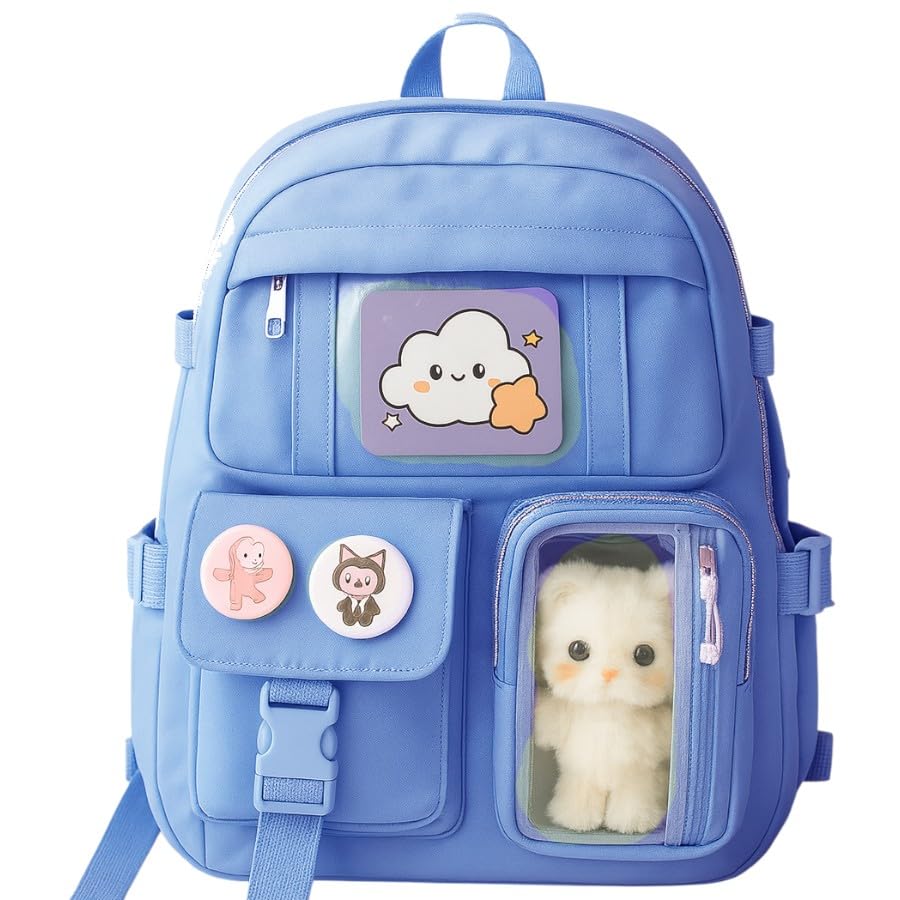 Mochila escolar Infantil e juvenil, Bolso Frontal, Alças Acolchoadas, grande capacidade, ursinho e broches, ideal para crianças de 6 a 13 anos (AZUL)