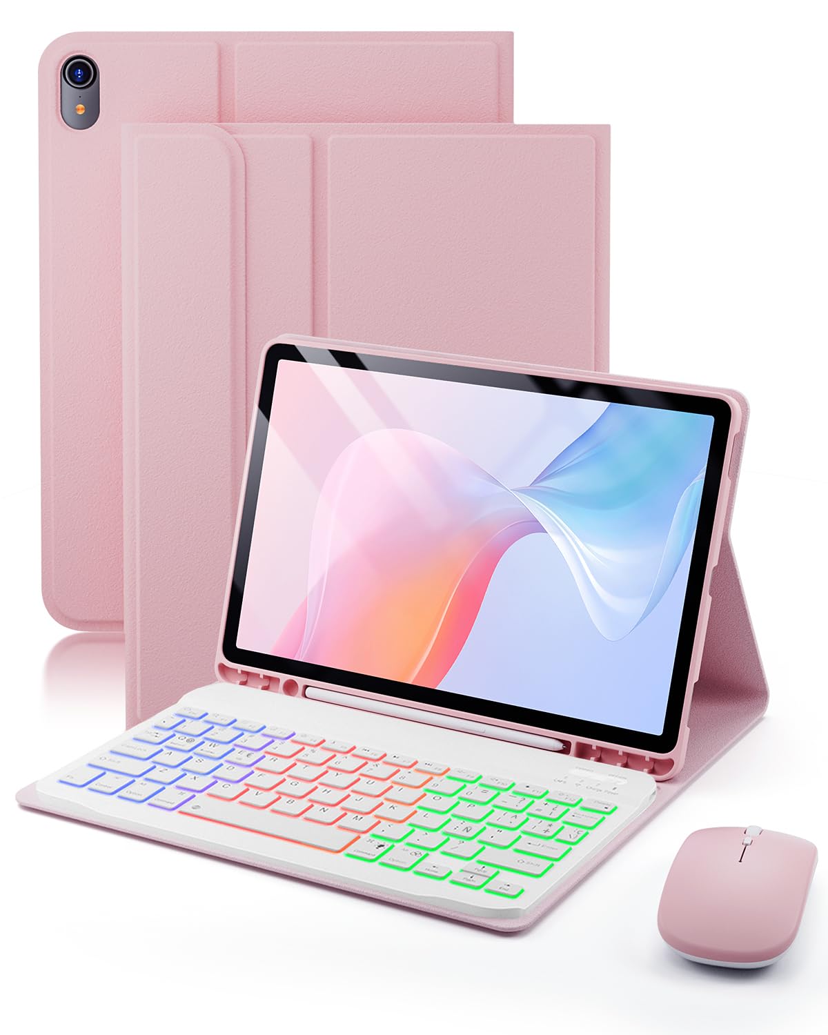 Para iPad A16 11 Generación (2025) 11 pulgadas / iPad 10 Generación (2022) 10,9 pulgadas funda con Teclado inalámbrico Bluetooth retroiluminado (teclado QWERTY, distribución española) y ratón,Rosa