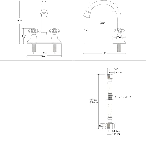 Miniatura 7 de KirlystonE Grifo de lavabo de baño de bronce aceitado, grifo de tocador central de bronce de 4 pulgadas con asas cruzadas