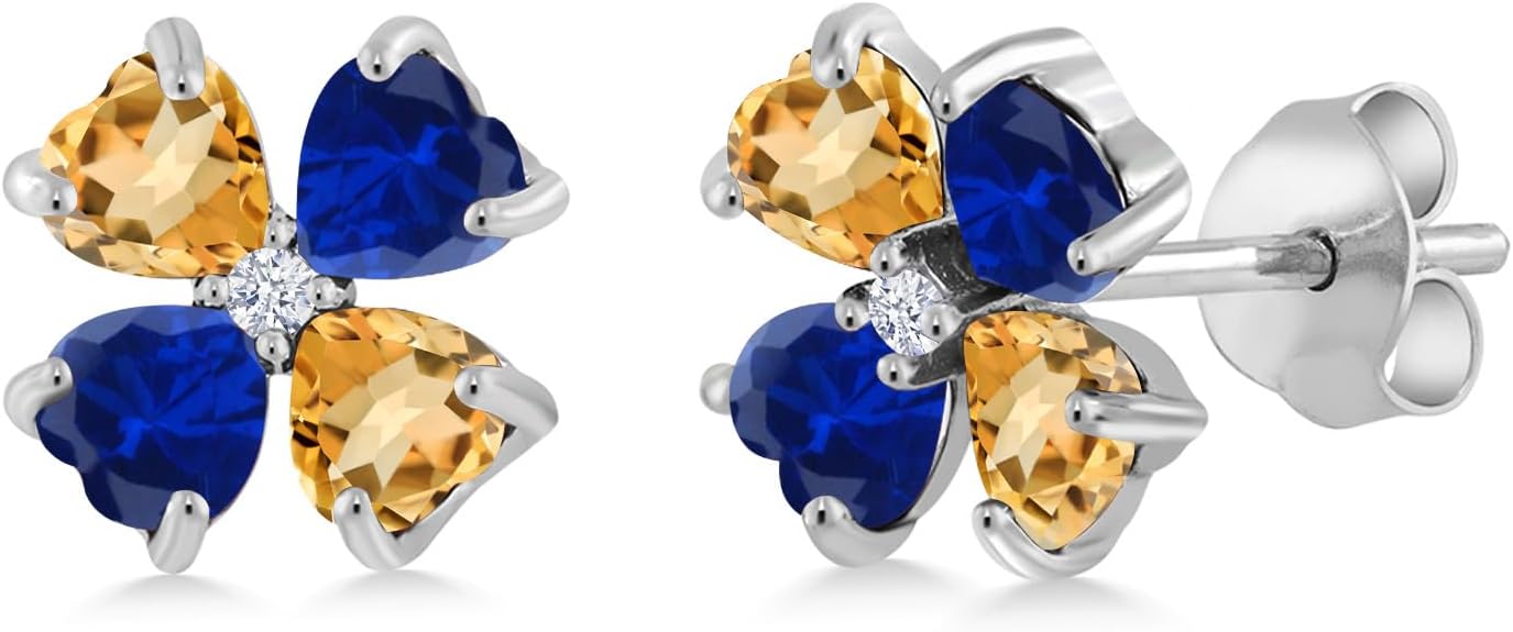 Gem Stone King 925 Sterling Silver Yellow Citrine and Blue Created Sapphire Earrings For Women | 2.91 Cttw | Gemstone November Birthstone | Heart Shape 4MM