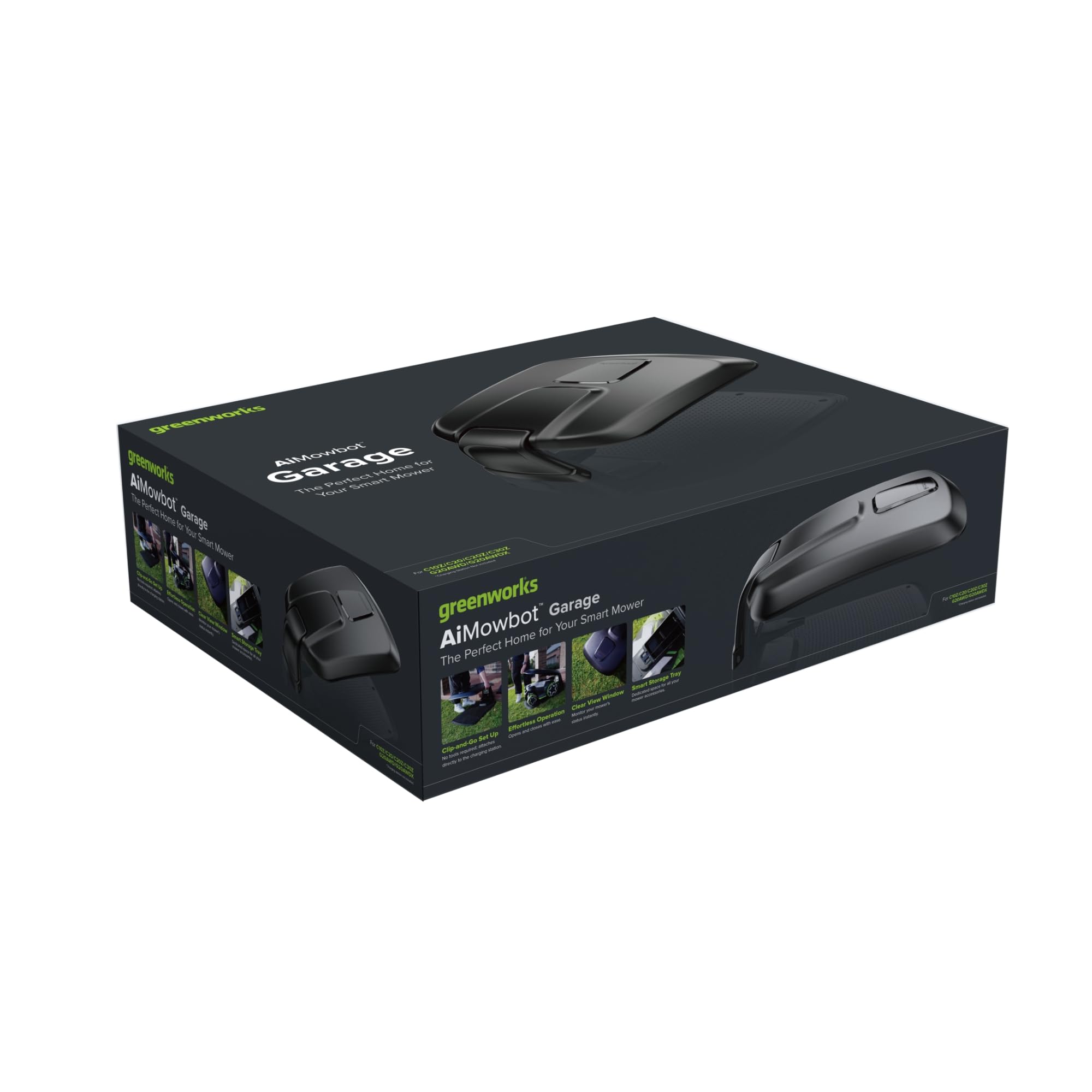 Greenworks Garaje para AiMowbot C10Z/C20/C20Z/C30Z/G20AWD/G20AWDX, fácil instalación con Clip, Ventana de visión Clara, Bandeja de Almacenamiento Inteligente
