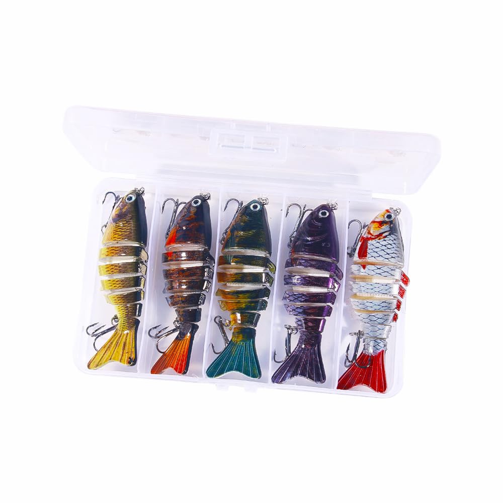 Lot de 5 leurres de pêche multicolores avec boîte pour la pêche à la truite, au saumon, au bar