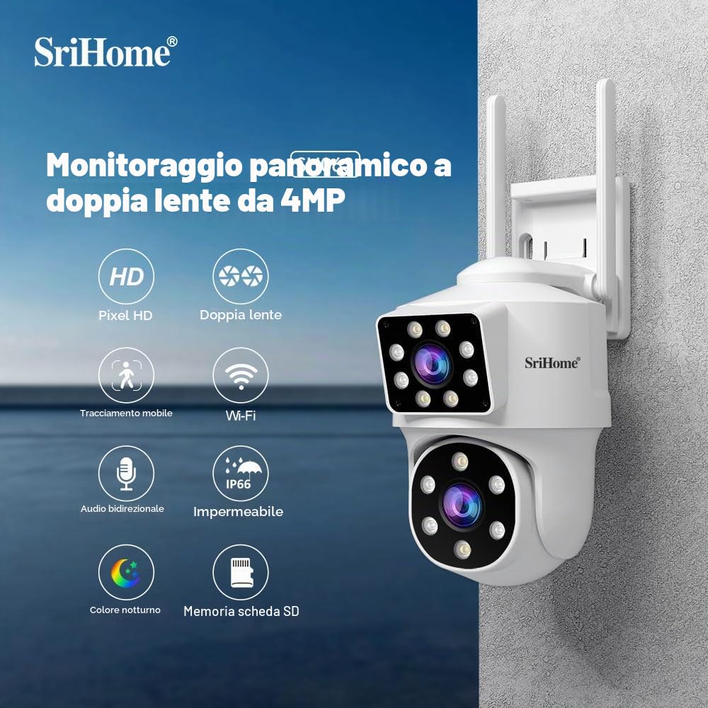 SRIHOME 2 * 2MP Telecamere di Sorveglianza per Esterni, 2.4GHz Bullet-PTZ Doppio Obiettivo, Rilevazione Umana, Visione Notturna a Colori, Audio Bidirezionale, Archiviazione Locale SD, IP66 (1)