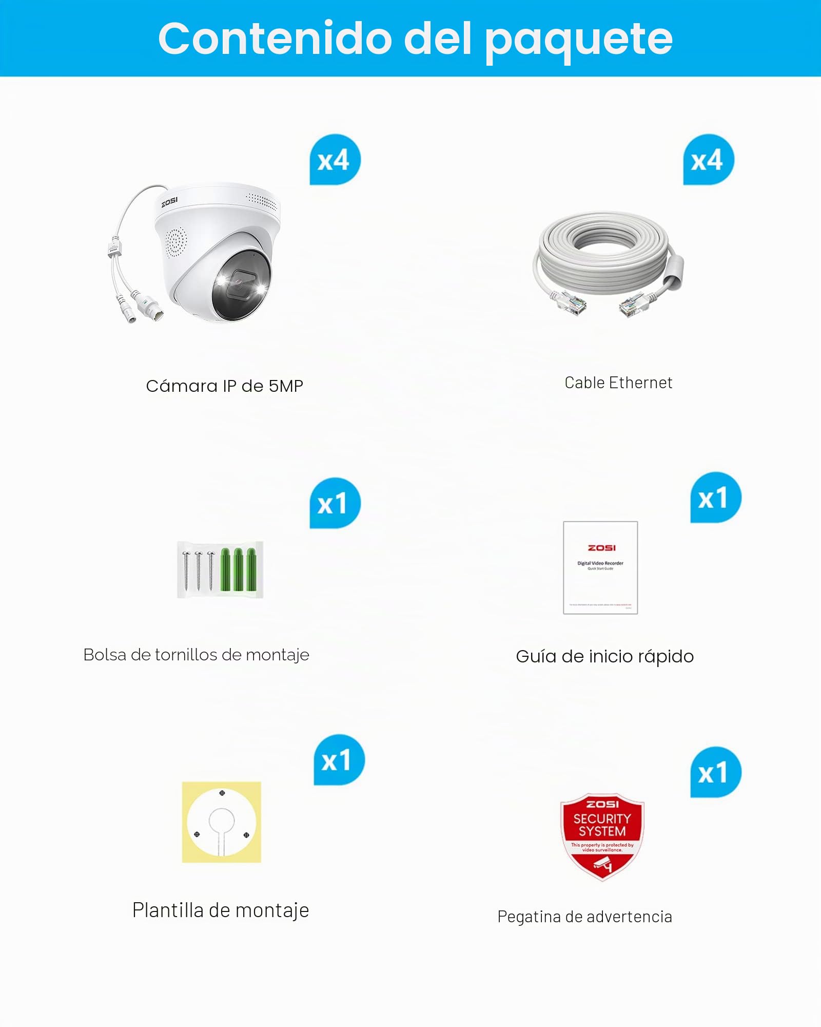 ZOSI 4pcs 5MP Cámara de Vigilancia IP PoE Exterior, Cámara Adicional para NVR PoE Kit de Videovigilancia, Visión Nocturna en Color, Detección de Persona