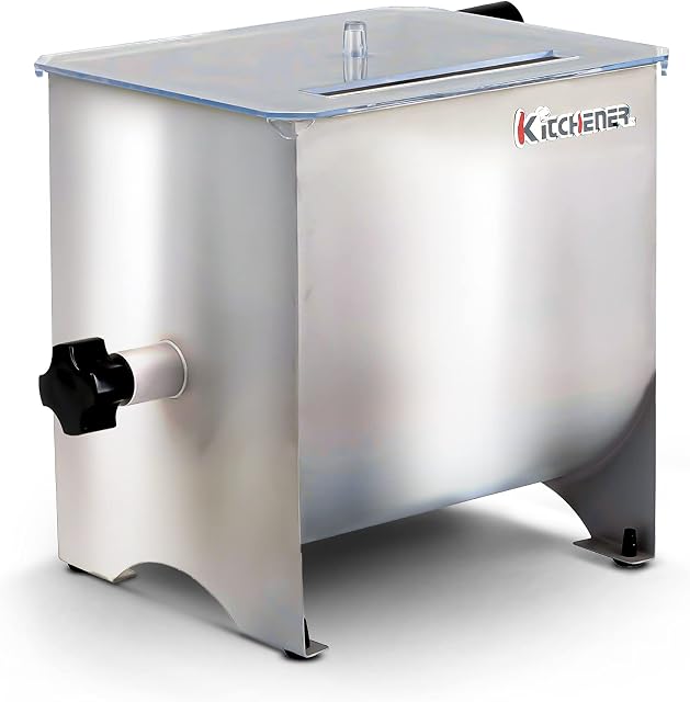 Kitchener Meat Mixer Stainless Steel Manual Hand Crank 4.2 Gallon/16L Max 17.6LBS Pound Capacity Heavy Duty Commercial Food Grade w/ 4 Removable Mixing Paddles and Clear Lid for Seasoning Meat