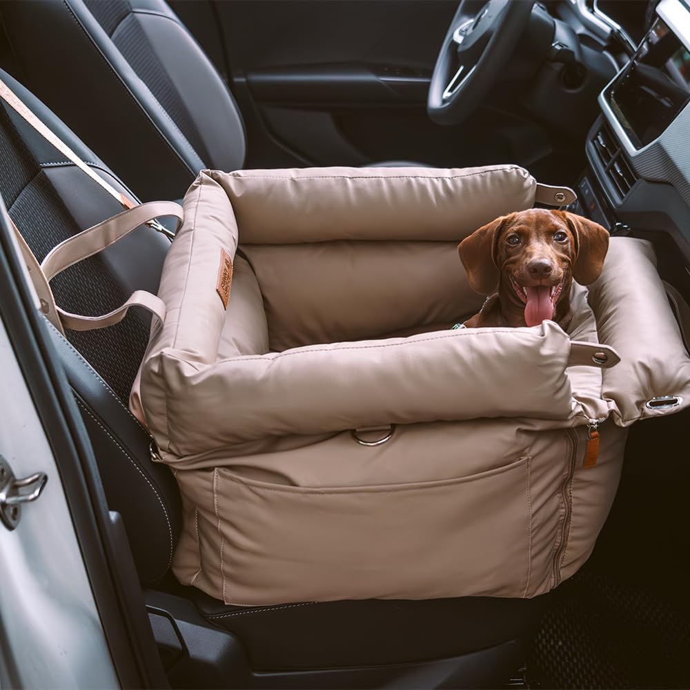 FUNNYFUZZY Luxury Dog Car Seat for Small Medium Dogs up to 35lbs, Waterproof Leather Pet Booster Seat with Safety Lead, Anti-Slip Base & Fully Padded Travel Dog Bed, Portable Puppy Car Carrier (Khaki)