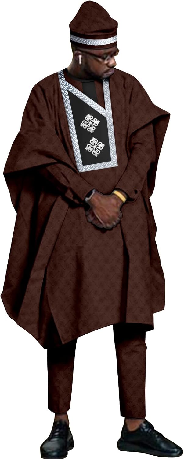 African Traditional Men's Agbada Set 4 Pieces Robe +Shirt +Pants Set with Hat Wedding Business Wear