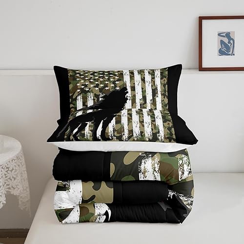 Miniatura 5 de Erosebridal Howling Wolf Bedding - Juego de edredón de camuflaje militar, tamaño King, diseño de bandera estadounidense, edredón de plumón de
