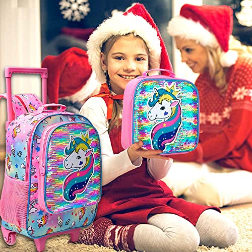 Gxtvo Rolling Backpack For Girls, Roller Wheels Kids Bookbag - Wheeled Suitcase Elementary Sequin School Bag - 3Pcs Unicorn #TOP6
