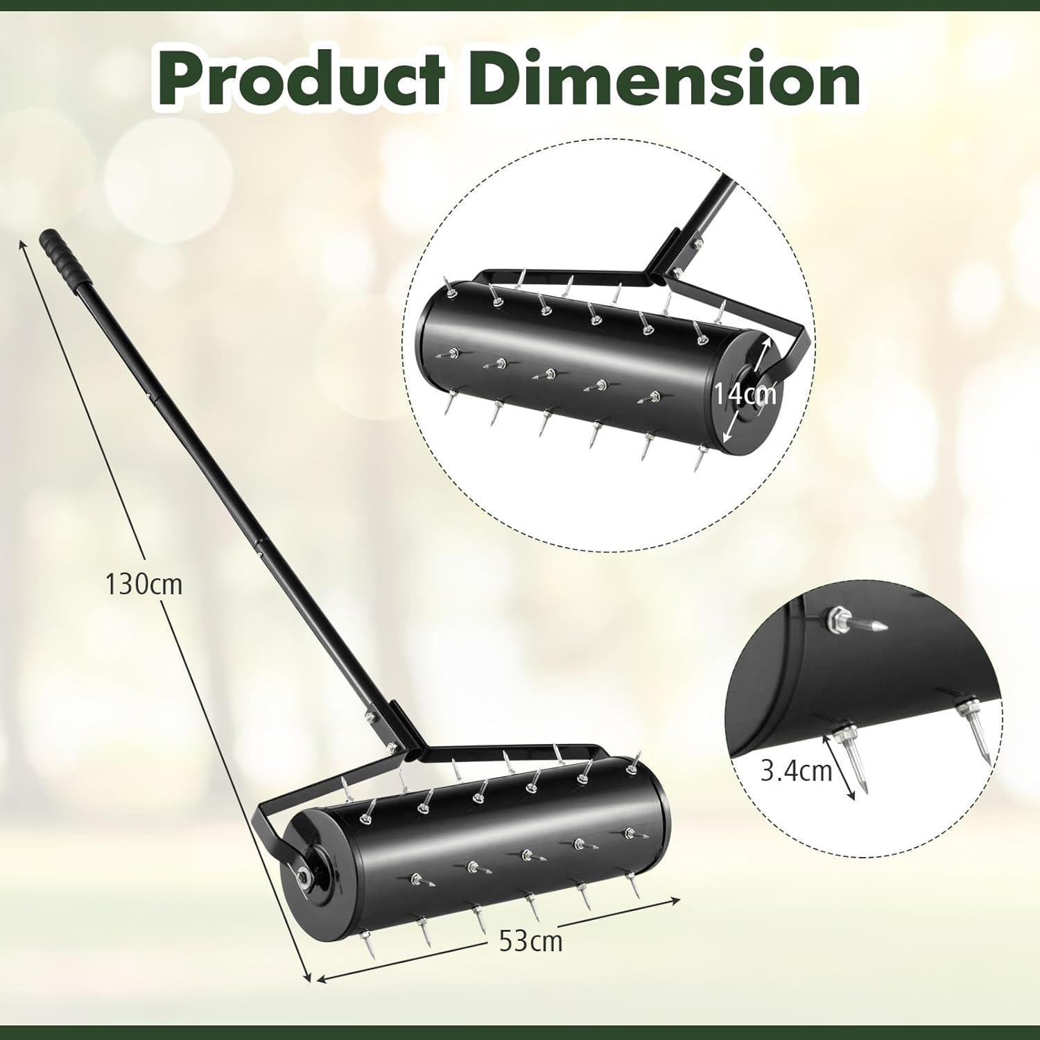 53 x 14 x 130cm Lawn Aerator, Heavy-Duty Rolling Spreader Lawn Care Tool with 130cm Metal Handle, Fillable Drum, Manual Aerator Gardening Roller (Black)