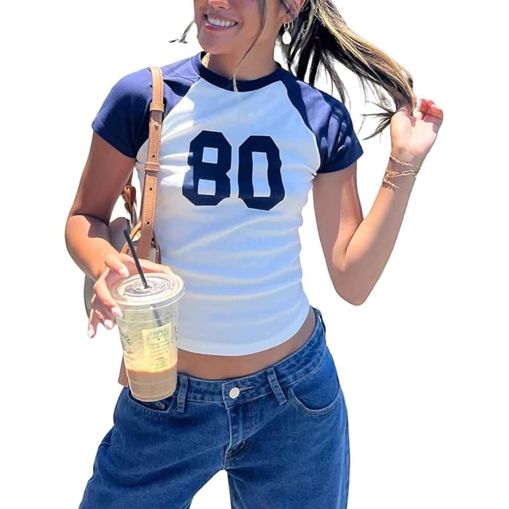 Women Y2k Short Sleeve Jersey T Shirts Number Graphic Oversized Top Cute Teen Girl Vintage Going Out Tee Streetwear Short Sleeve