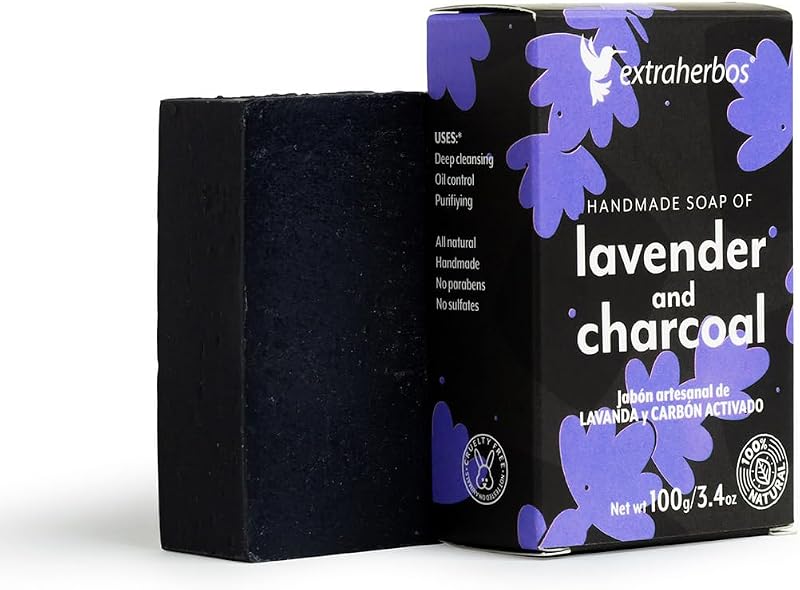 Extraherbos Barra de sabonete com carvão ativado e lavanda, artesanal do México, 100 g