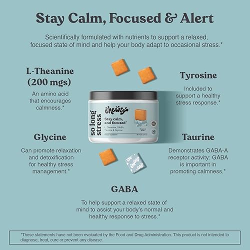 Miniatura 3 de Chewsy Tan largo estrés, masticables afrutados tranquilos, mantente tranquilo y concentrado. Con L-teanina, aminoácidos, GABA, glicina, tirosina,