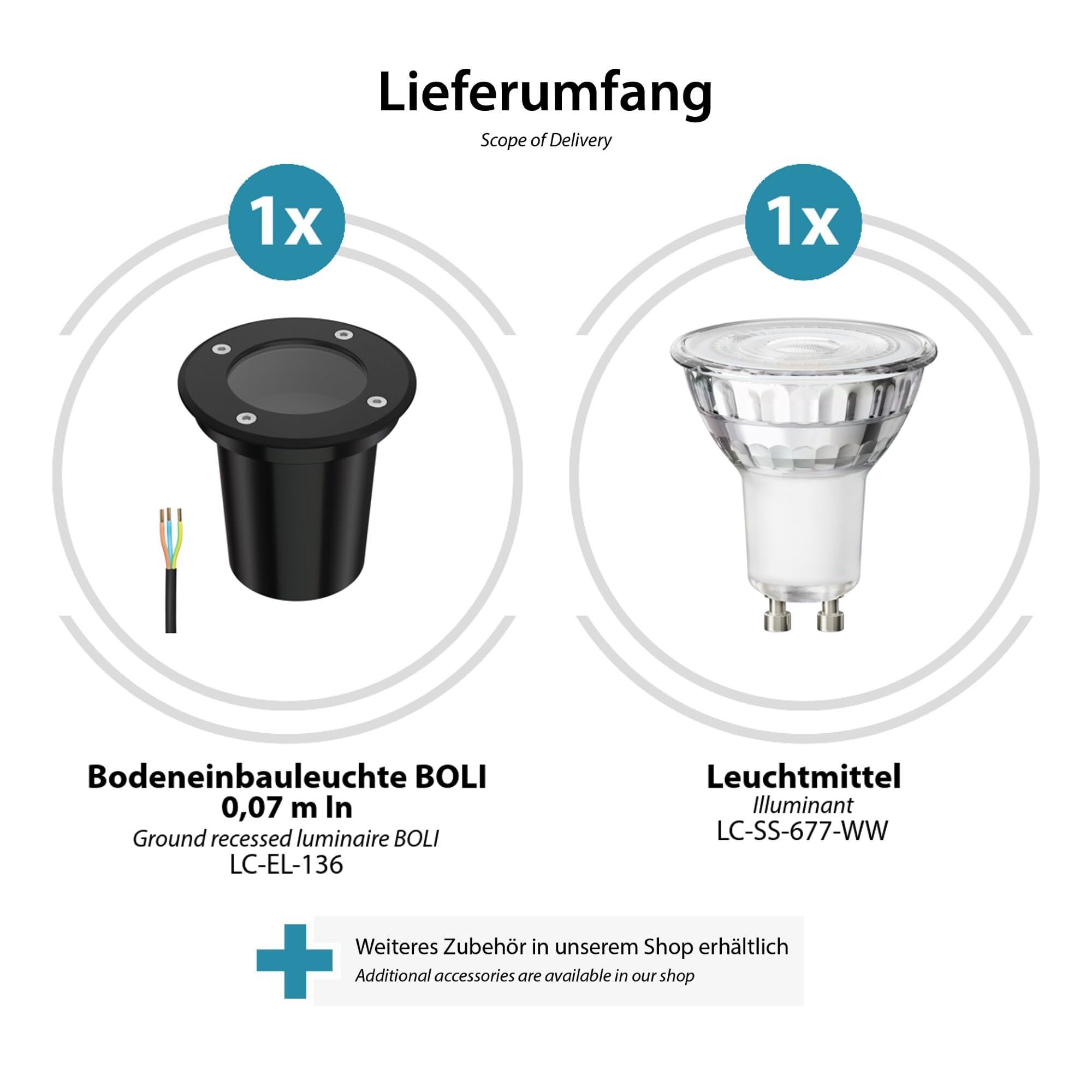 ledscom.de 2 faretti da incasso a pavimento BOLI per esterni, IP67, neri, Ø 108 mm, con lampadina LED da 7,6 W, 1103 lm, 33°, bianco caldo