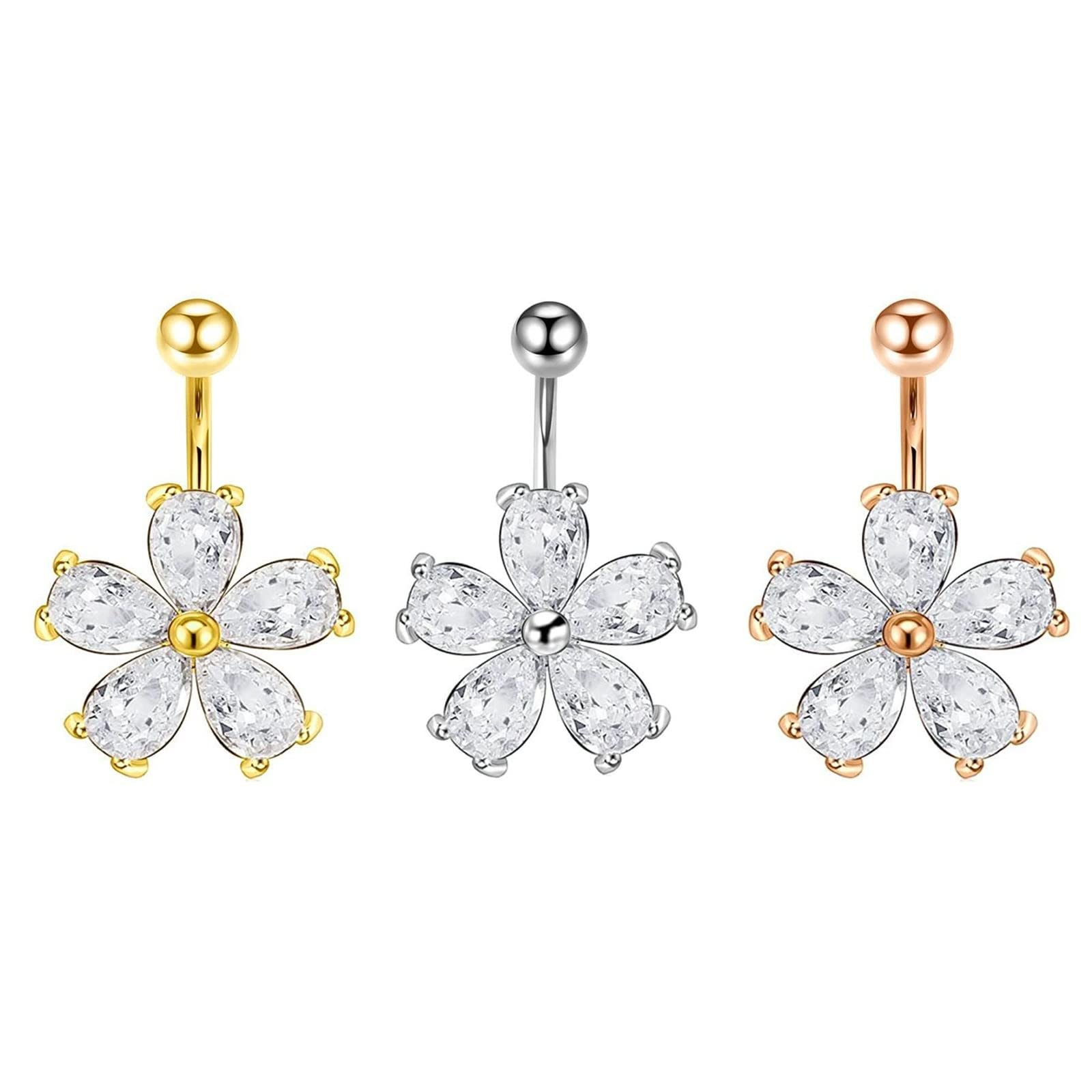 WycianPiercing Ombligo Flor, Piercing del Ombligo Acero Quirurgico 14G Tricolor 3pcs Flor con Zirconia Cúbica Acero Inoxidable