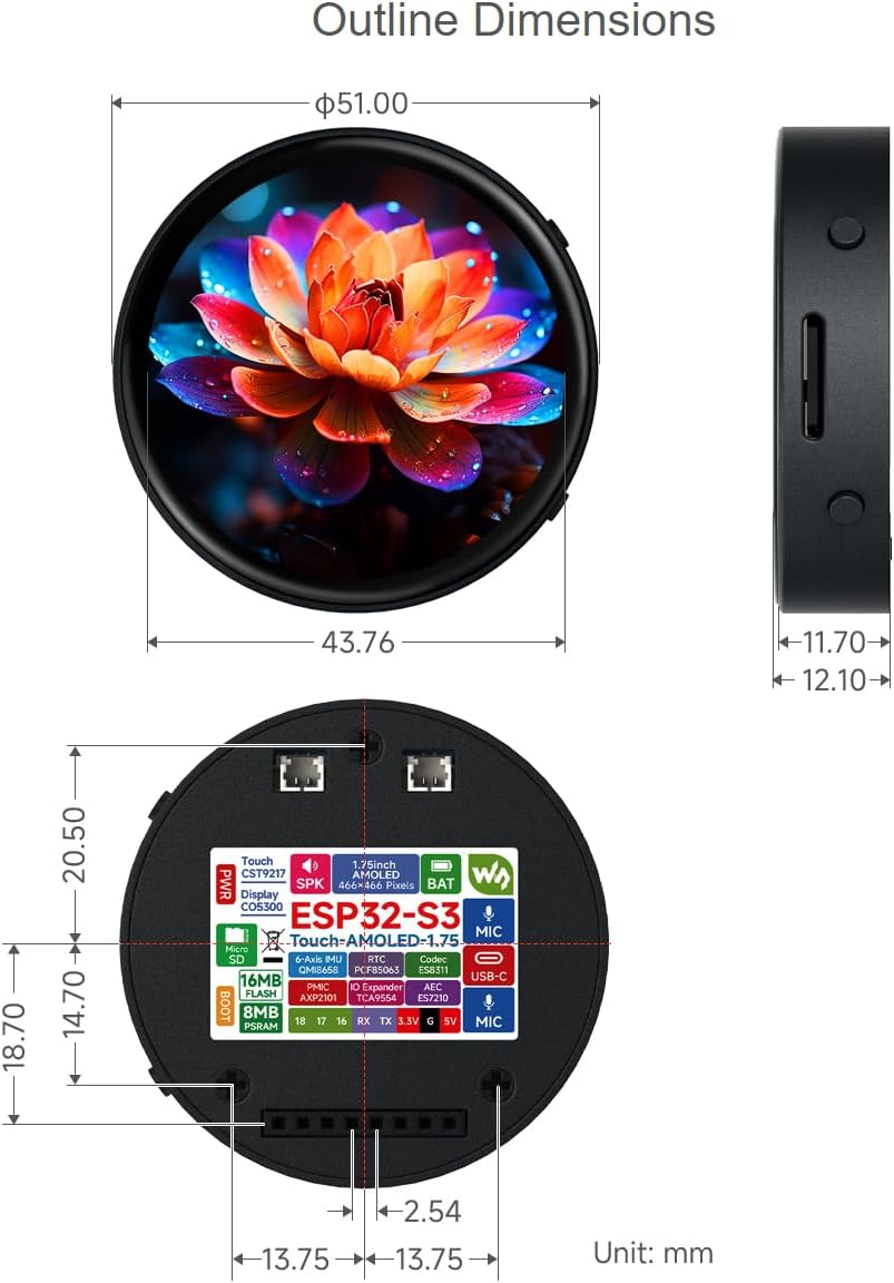 waveshare ESP32-S3 1.75inch AMOLED Round Touch Display Development Board with Case 466×466 Pixels 16.7M Color Display,QSPI Interface,Support Wi-Fi and BLE 5