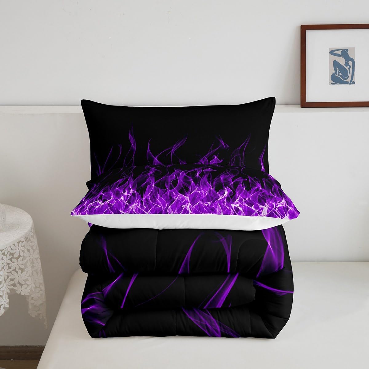 Feelyou Flame Bedding Bed Set Kawaii Decor Comforter Set for Kids Boys Women Purple Flame Comforter Chic Quilt with 2 Pillowcases 3Pcs Bedding Queen