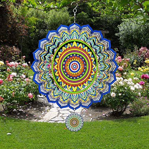 3D Metal Mandala Wind Spinner: Hanging Wind Spinners Outdoor Garden Yard Art Decorations, 12In Multicolor Blue Green Wind Sculptures & Spinners Ornaments, Large Spinfinity Designs Gifts For Patio #TOP2
