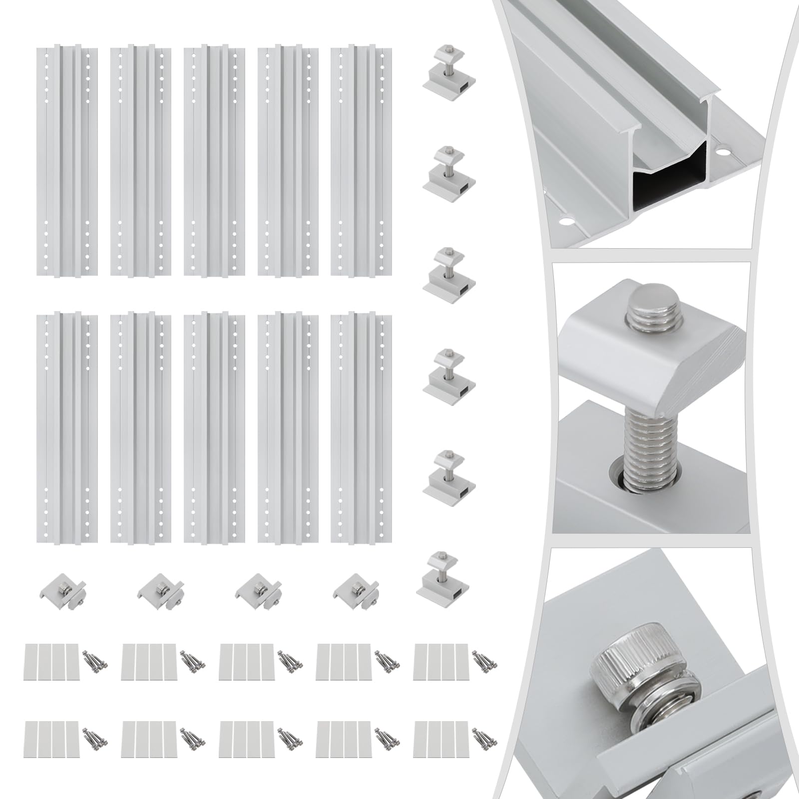 Juego de rieles de 10 piezas de 30 cm de aluminio de alta calidad, rieles de montaje ligeros y robustos para instalaciones fotovoltaicas, ideal para plantas de balcón, techo plano, jardín y cochera
