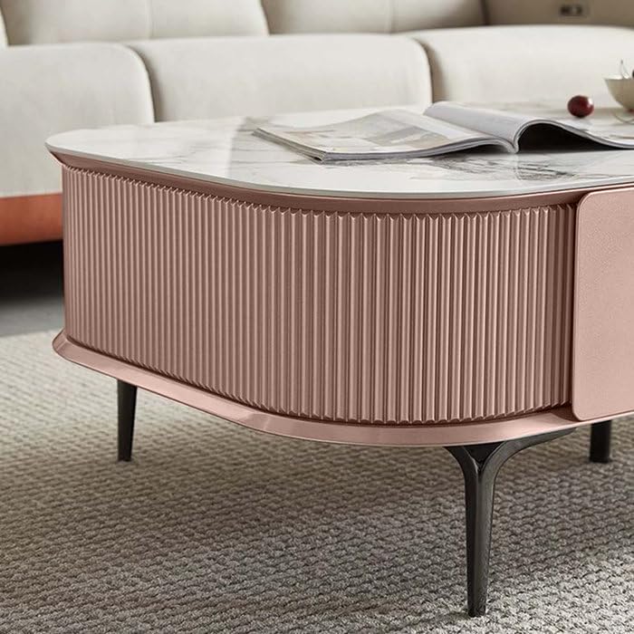 Image of WOODEN SPACE Premium Solo Marble-Top Wooden Center Table for Living Room | Iron Legs | PVD Coating | Modern Entryway Furniture | Coffee Table - 42X24X18 in (Pink)
