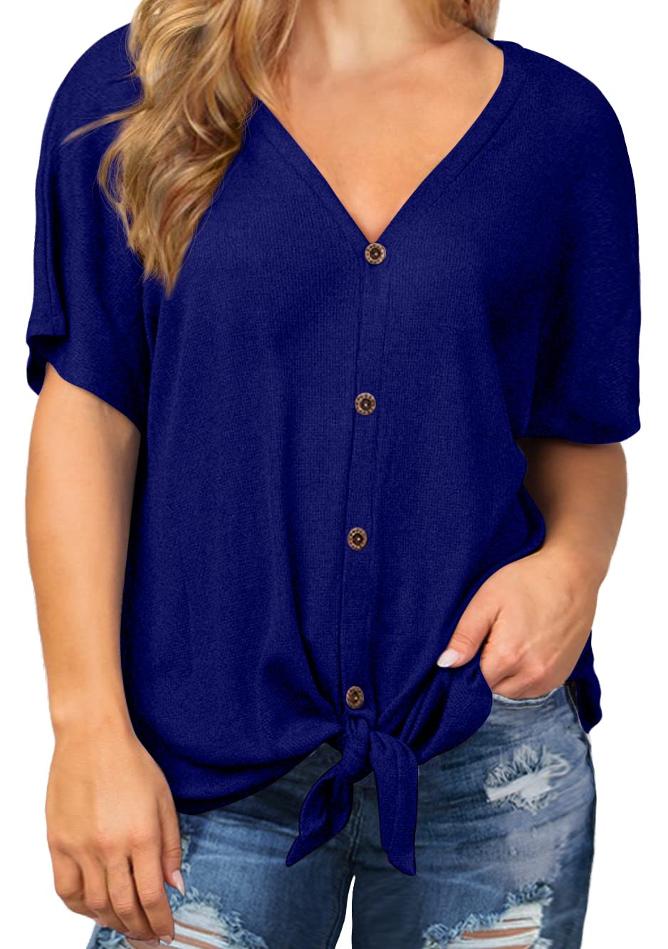 OLRIK Womens Plus Size Tops Short Sleeve V Neck Waffle Knit Tunic Blouse Tie Front Button Up T Shirts