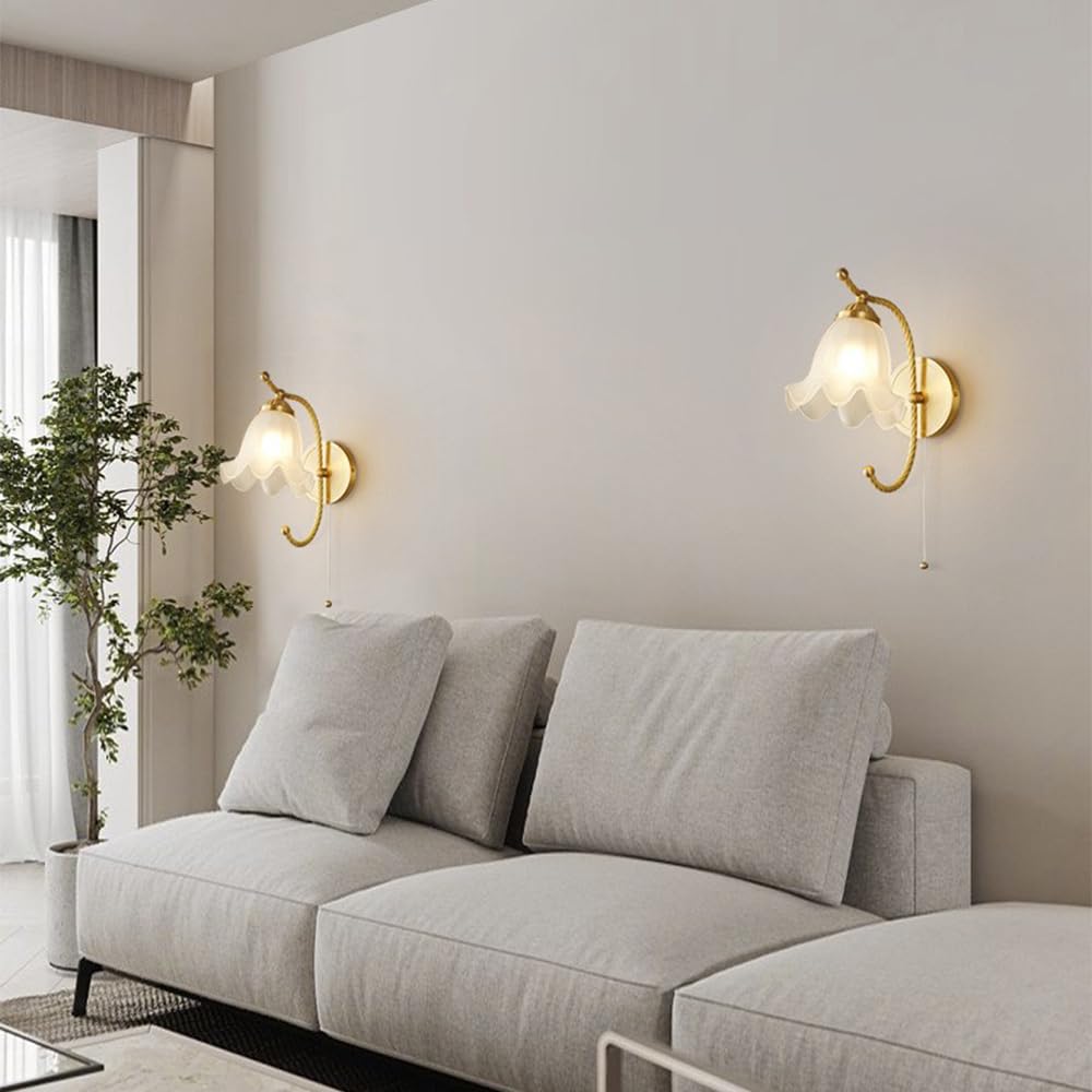 Applique da Parete in Ottone con Cordino, Lampada in Vetro Satinato, Lampada a Forma di Fiore in Stile Nordico, Lampada da Comodino, Applique a Cablaggio Fisso per Soggiorno e Came