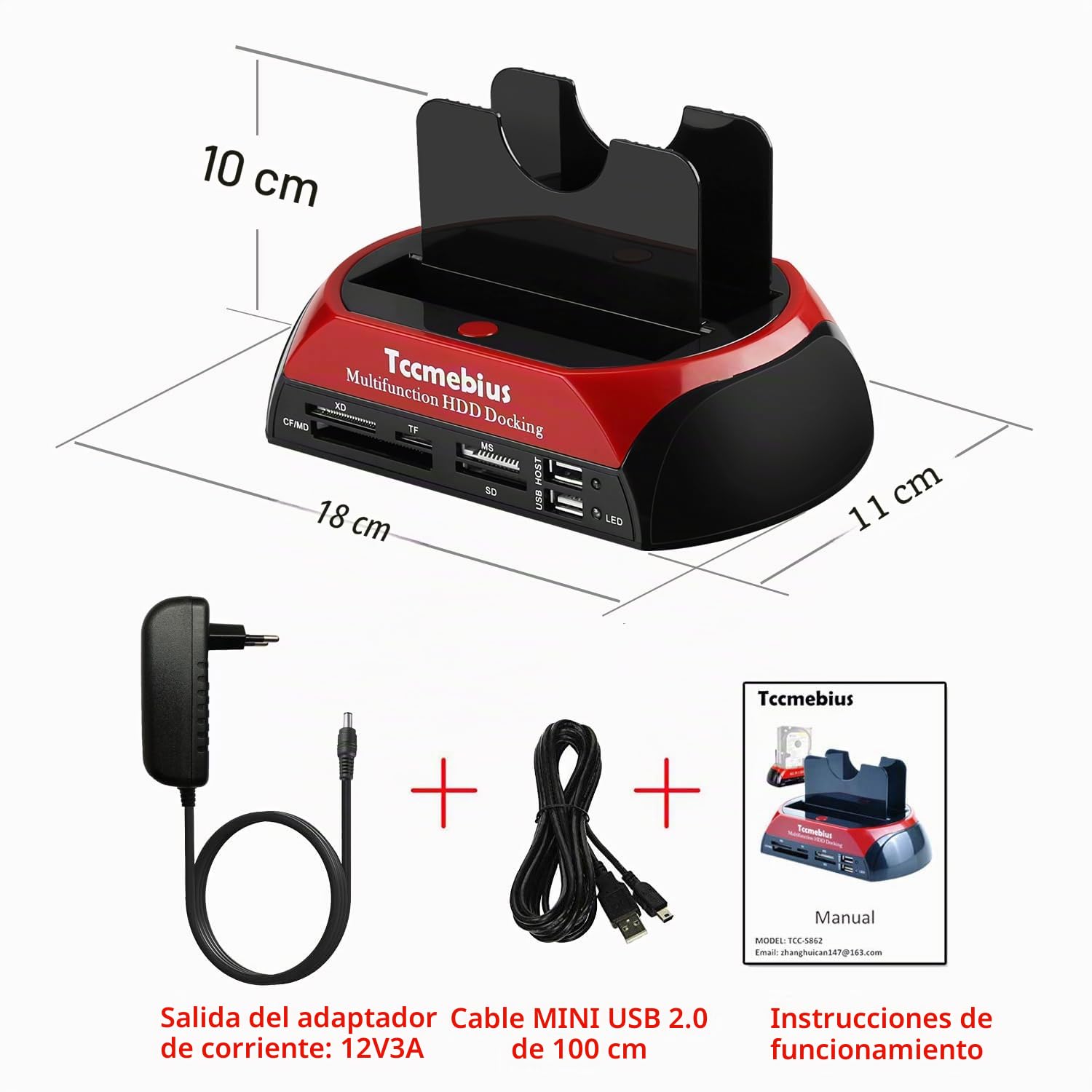 TCC-S862-DE USB 2.0 a IDE SATA Bahía Dual HDD Disco Duro Estación de Acoplamiento con Lector de Tarjetas y Hub USB 2.0 para 2.5 3.5 Pulgadas IDE SATA I / II / III HDD SSD