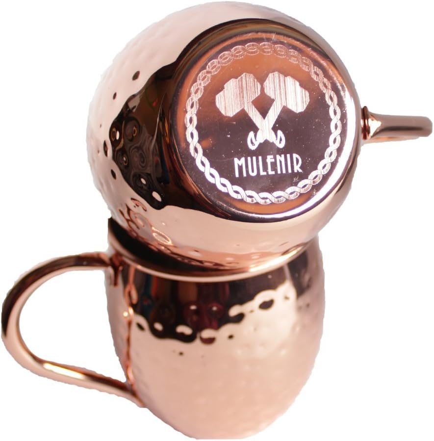 Mulenir Moscow Mule Mugs - Pair of Copper Mugs Styled with a Hammered Finish - Welded Handles - Lined with Food Safe Stainless Steel- Includes Mule Recipe Book - Great Gift for Weddings and Holidays