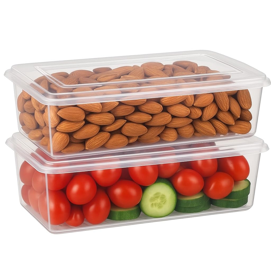 fridge Storage Boxes Set of 2 Fridge Organizer Container with Waterproof Vinyl Stickers & Removable Drain Plate, Lid, Stackable Box, Plastic Containers 1200 ml, Transparent-picture-14