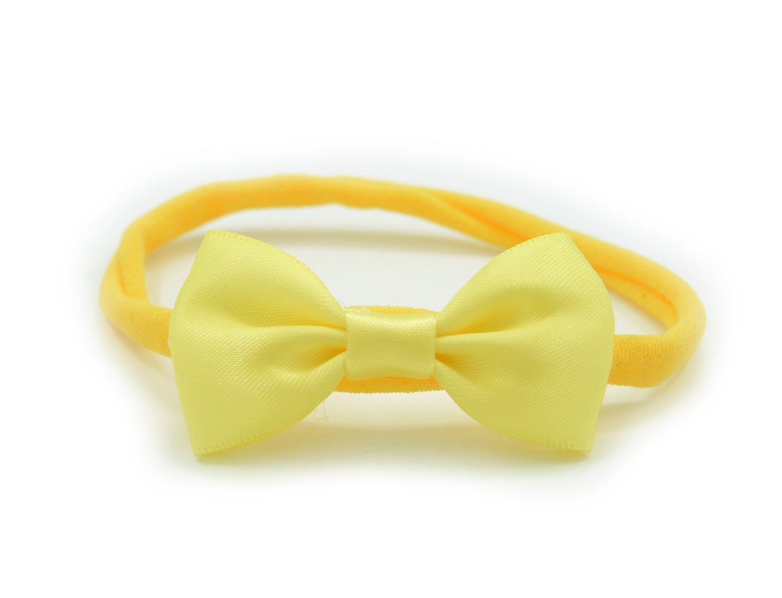 PrettyBoutique Baby Girls Satin Bow Soft Skinny Elastic Nylon Headband Hair Band Accessories (Yellow)