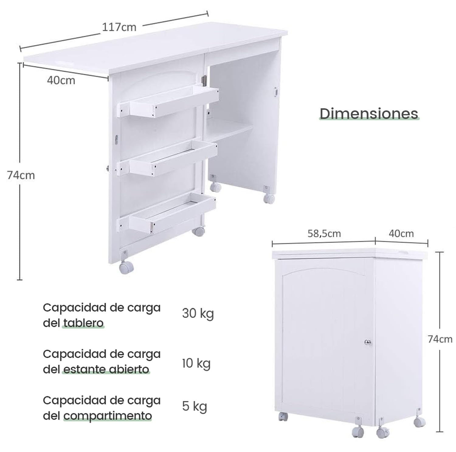 RELAX4LIFE Mesa de Costura Plegable con 5 Ruedas, 4 Estantes de Almacenamiento y Frenos, Mesa para Máquina de Coser de MDF, Mesa Multifuncional para Salón, Dormitorio, 118,5x40x79,5cm (Blanco)