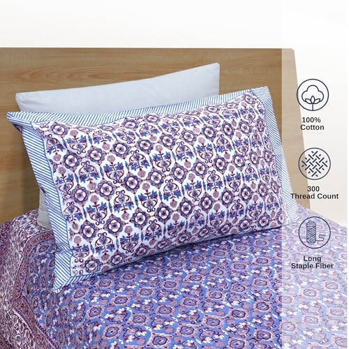 Image of TOAI Hand Block Printed Jaipuri Bedsheet | Bed Sheet Flatsheet | Pure Cotton | Single Size 60 inchx90 inch | 300 TC Bedsheets | Includes 1 Pillow Cover |Moroccan Tiles