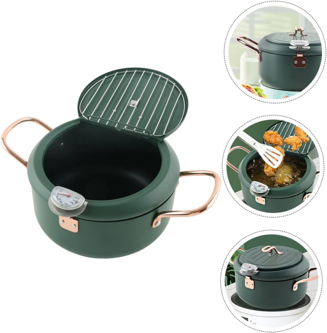 PRETYZOOM Japanese Style Mini Tempura Fryer with Thermometer and Oil Drainer Rack Non Stick Coating Deep Fry Pan for Induction Cooker Easy Clean Home Kitchen Pot