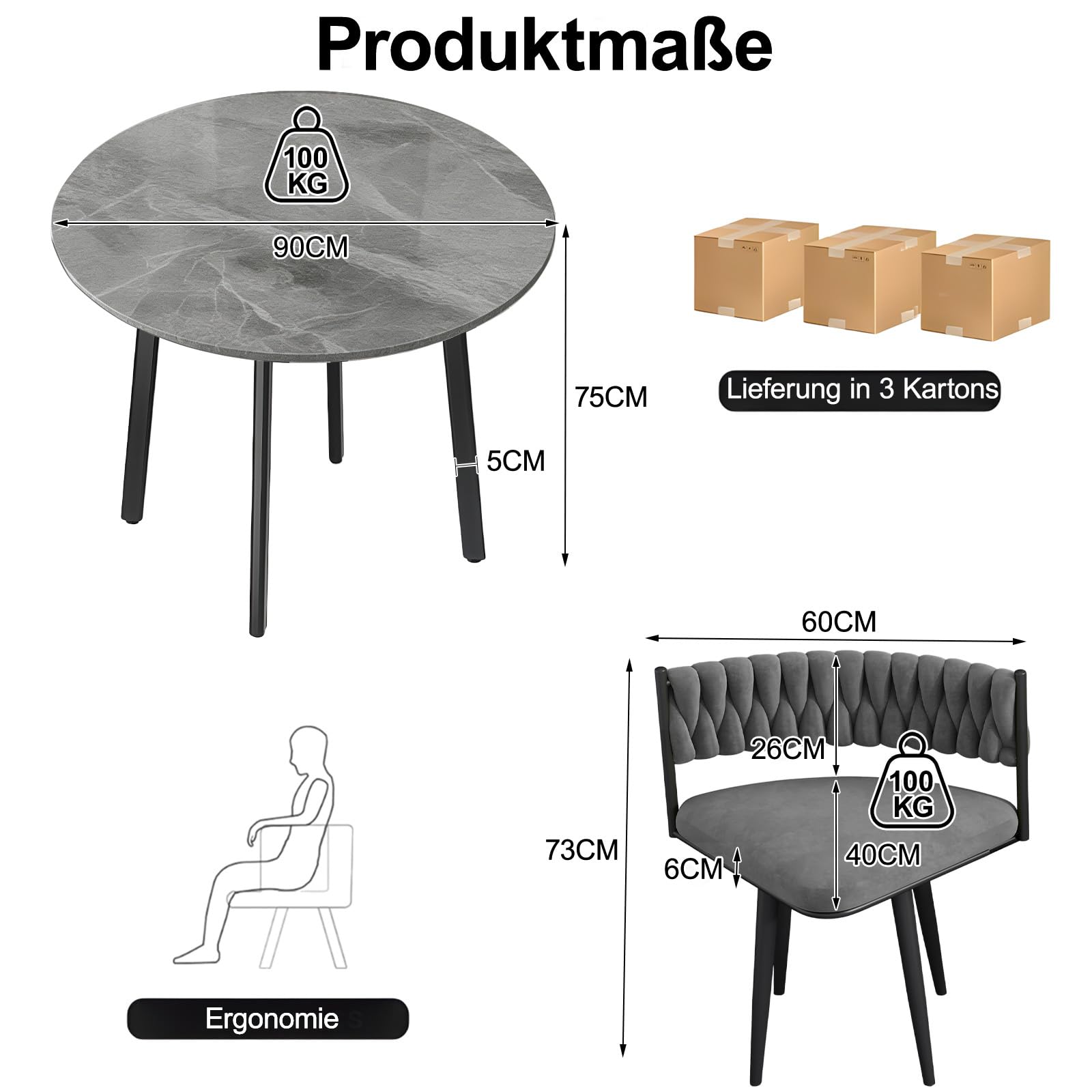 Runder Esstisch und 4 Stuhl Essgruppe 5-Teilig, Küchentisch Set für 4 Personen Moderne Sitzgruppe für Küche, Esszimmer, Wohnzimmer und Büro Grau