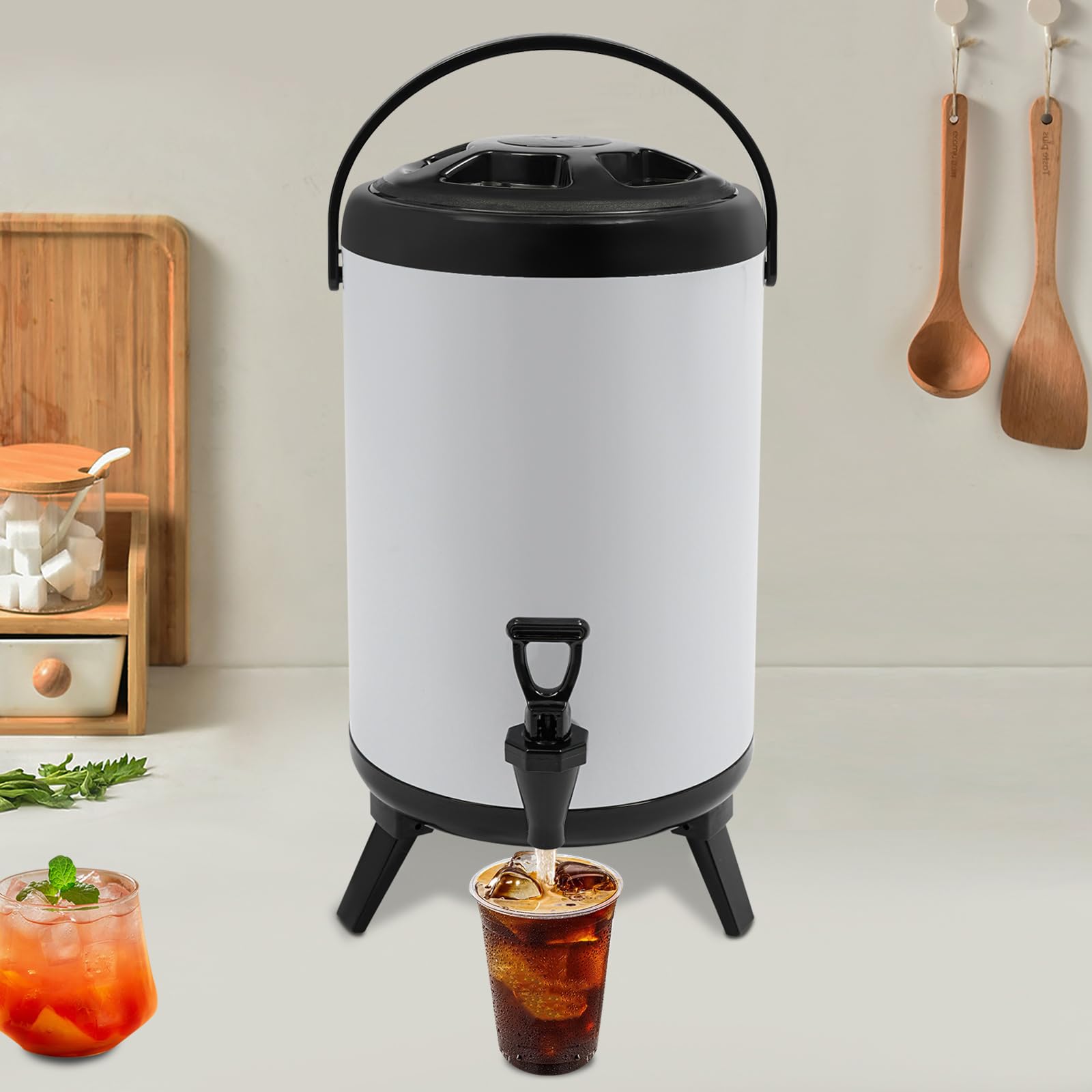 Termo de 10 litros con boquilla – Dispensador de bebidas aislado para bebidas calientes y frías (blanco) – Jarra de acero inoxidable con doble aislamiento – ideal para limonada, té helado y café