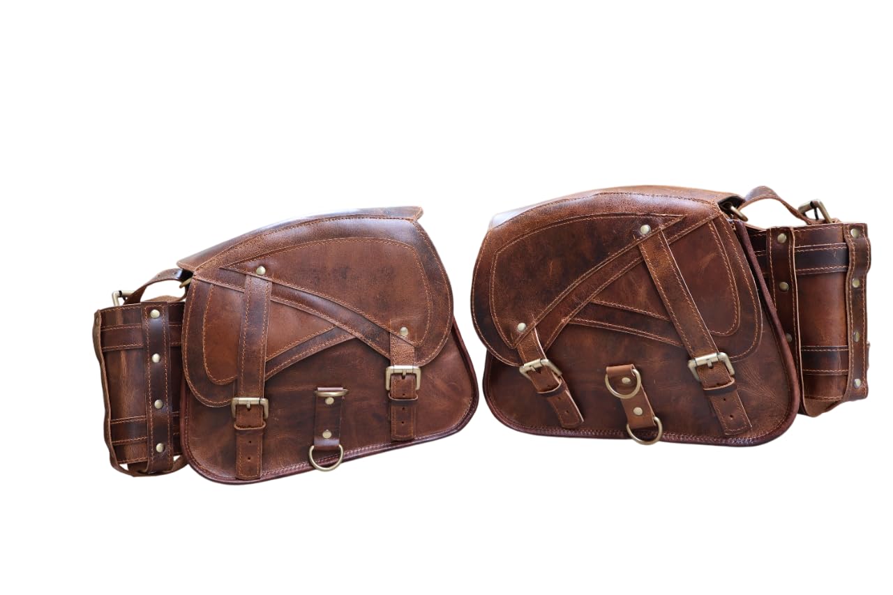 american blue Set di 2 borse da moto in vera pelle, borsa da sella, borsa da bicicletta, borse vintage a forchetta, amanti della bicicletta (Bottle Holder Bag Set)