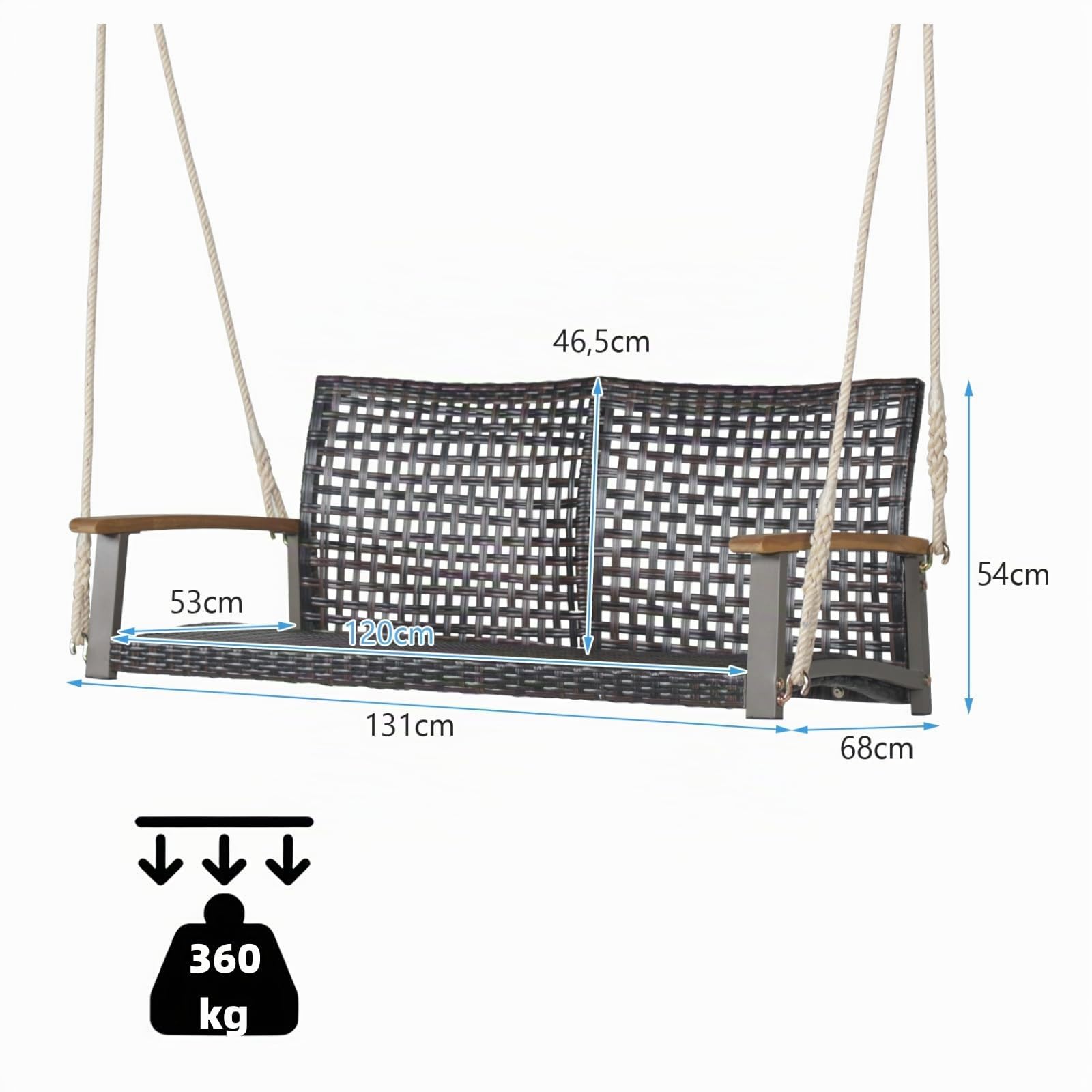 LIFEZEAL Altalena Sospeso con 2 Posti da Giardino, Dondolo Doppia in Rattan PE con Corde da Patio, Altalena per 2 Persone da Esterno con Schienale Curvo e Braccioli in Legno, Capacità di Carico 360 kg
