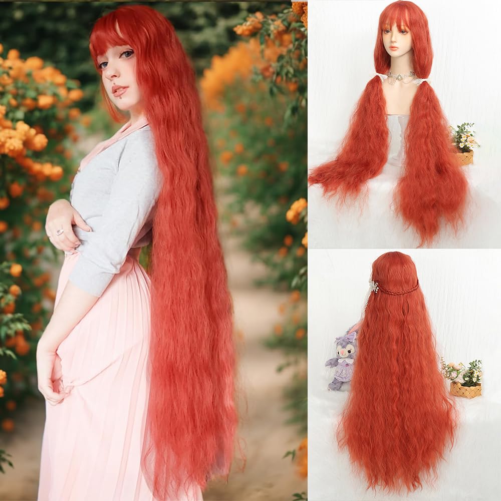 44 Inch Extra Long Curly Cosplay Wig,Orange Red Cosplay Wig With Bangs Synthetic Long Curly Orange Red Lolita Wig,Halloween Wig,Heat resistant wig For Women Party Daily Use（Orange Red ）