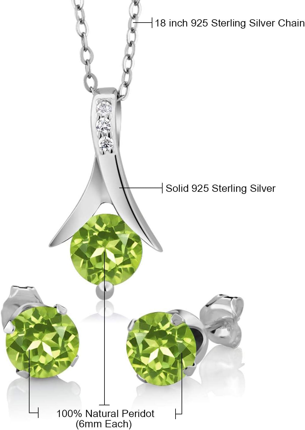 Gem Stone King 3.00 Cttw Green Peridot and White Moissanite Pendant and Earrings Jewelry Set For Women | 925 Sterling Silver | 6MM Round Gemstone Birthstone | With 18 Inch Chain - Image 7