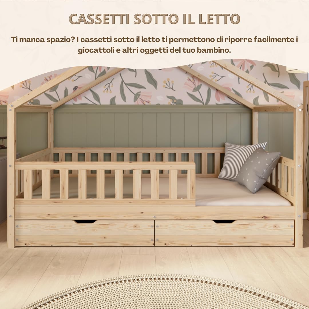 Letto Montessori a Pavimento 200x120 cm Legno Naturale con Cassetti