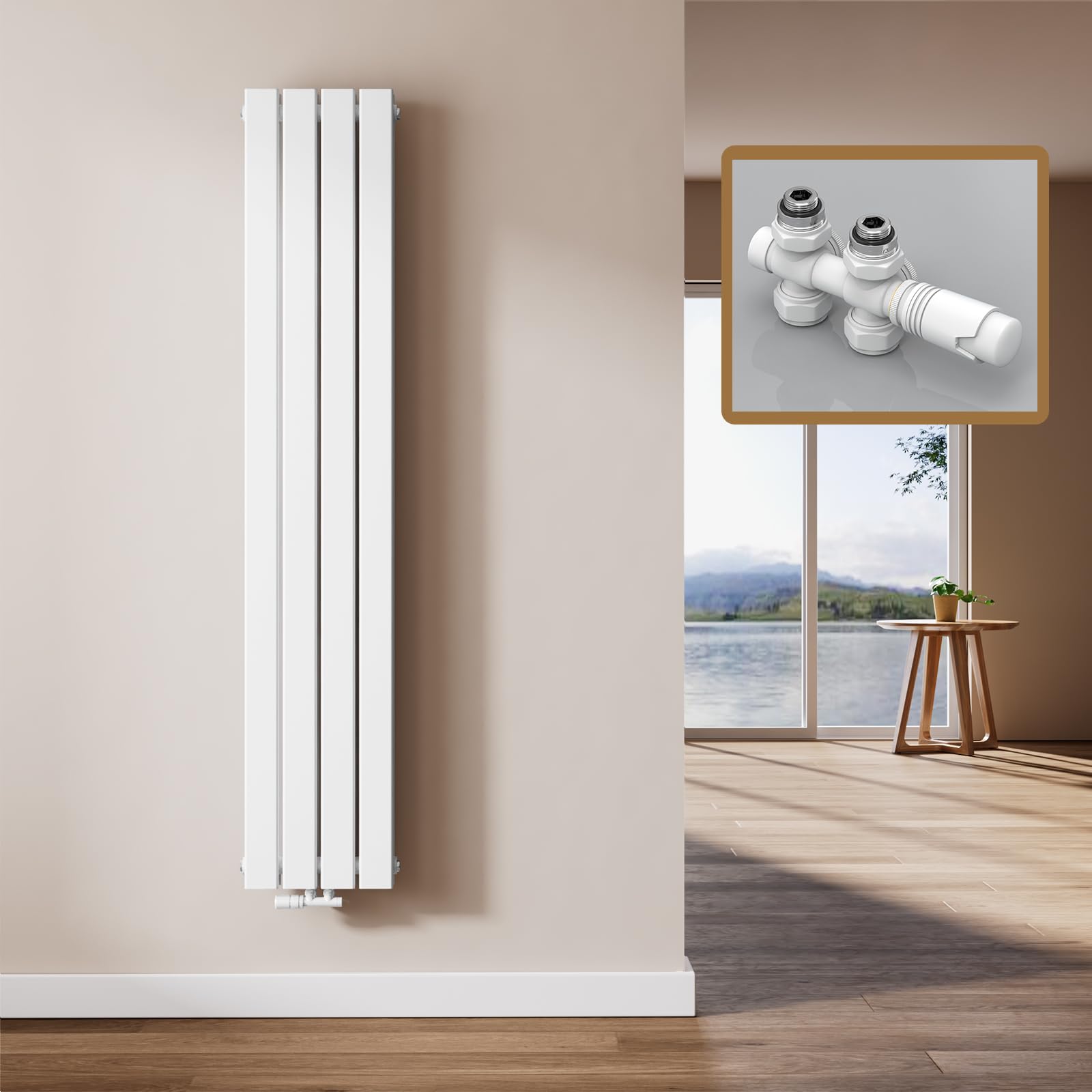 EMKE Radiatore Design Verticale, 160 x 30 cm, Radiatore Piatto da Parete in Acciaio, Doppio Pannello, Attacco Centrale, Bianco, 889W (valvole incluse)