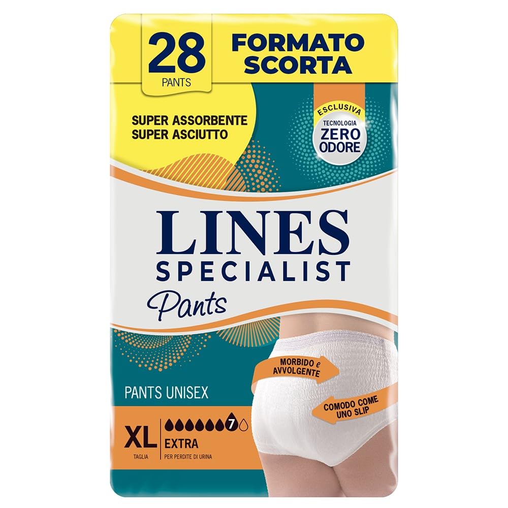 Lines Specialist Pants Extra Unisex, Mutande Assorbenti per Incontinenza Donna e Uomo, Asciutto Lampo e Massima Protezione, Zero Odore, Taglia XL, Scorta Mensile, 4 Confezioni da 7 Unità