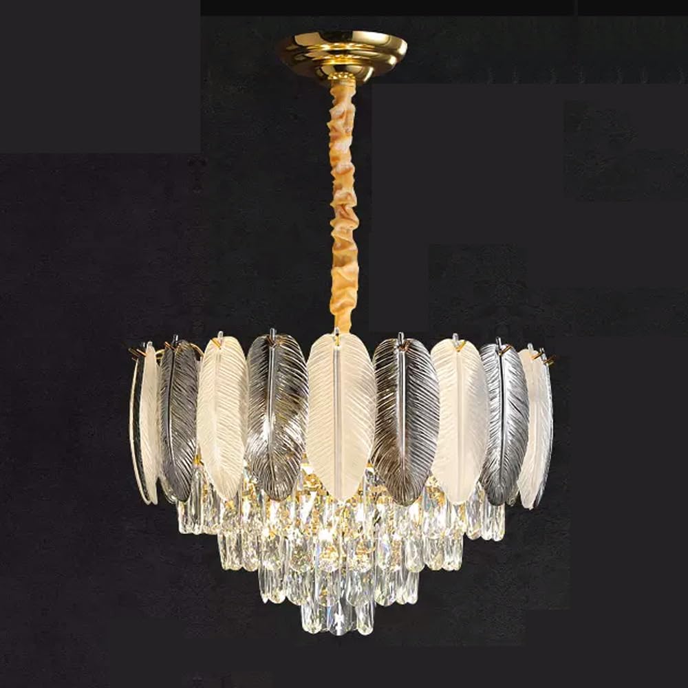 HUAYUSEDF Black Crystal Chandelier for Foyer Dimmable Mid Century Modern Pendant Light Fixture with Feather Glass Round Large Ceiling Hanging Lamp for Dining Room