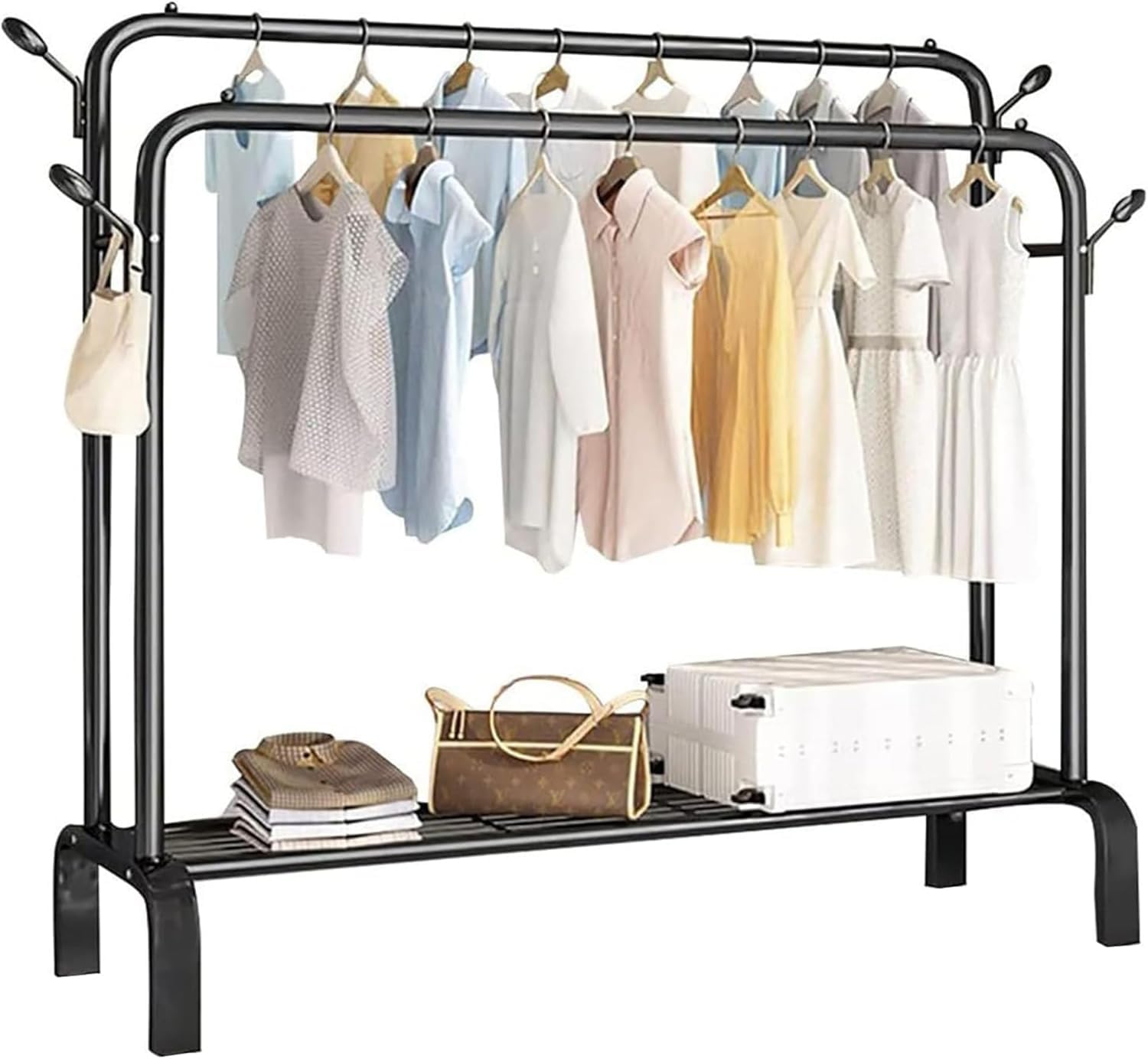 MY HOMIE Heavy Duty Clothes Rail - Sturdy Black Metal Rack with Double Hanging Rods, Shoe Rack Shelf, 4 coat hooks, Freestanding Wardrobe Rail for Bedroom, Shop - Black Clothing Rack (Without Wheels)