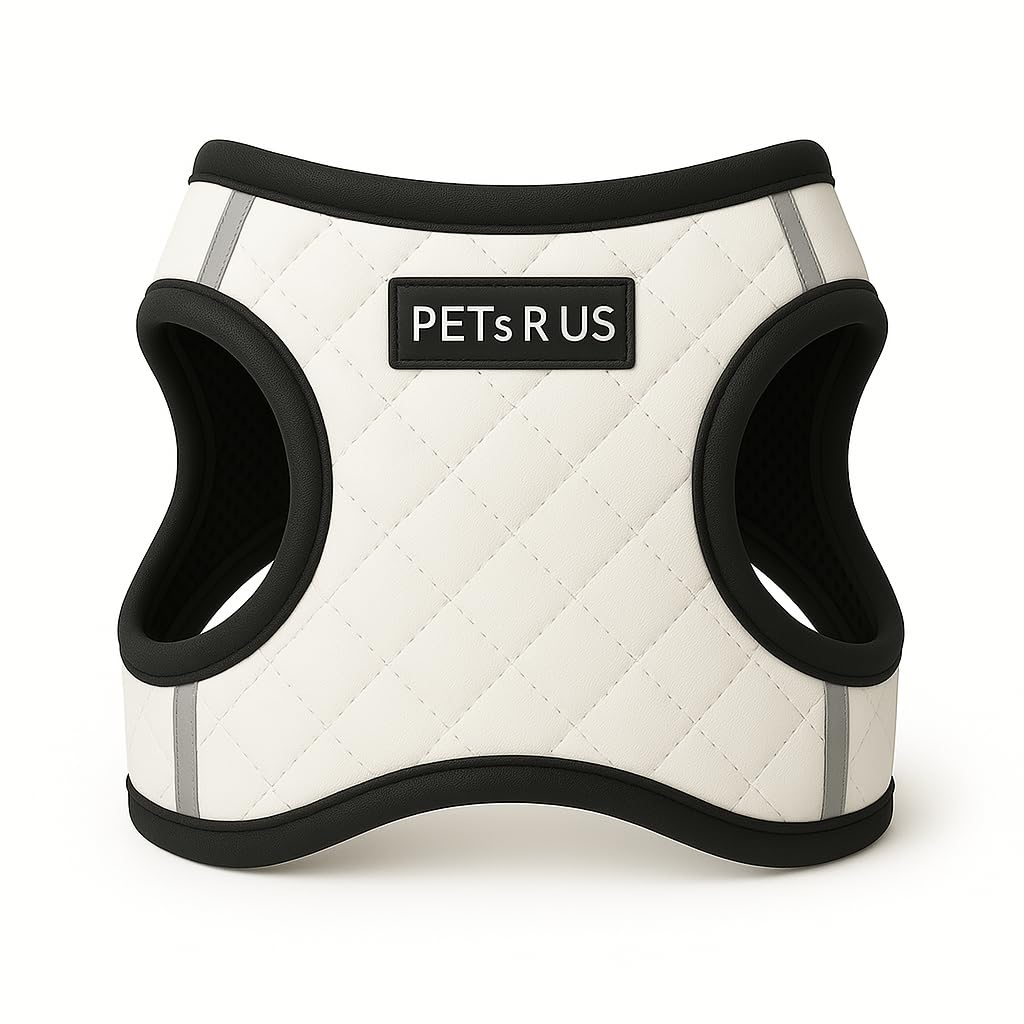 Step-in Dog Vest Harness Classic Quilted Design Vegan Leather Reflective Details Lightweight Breathable Mesh Soft White Black Durable Stylish Pet