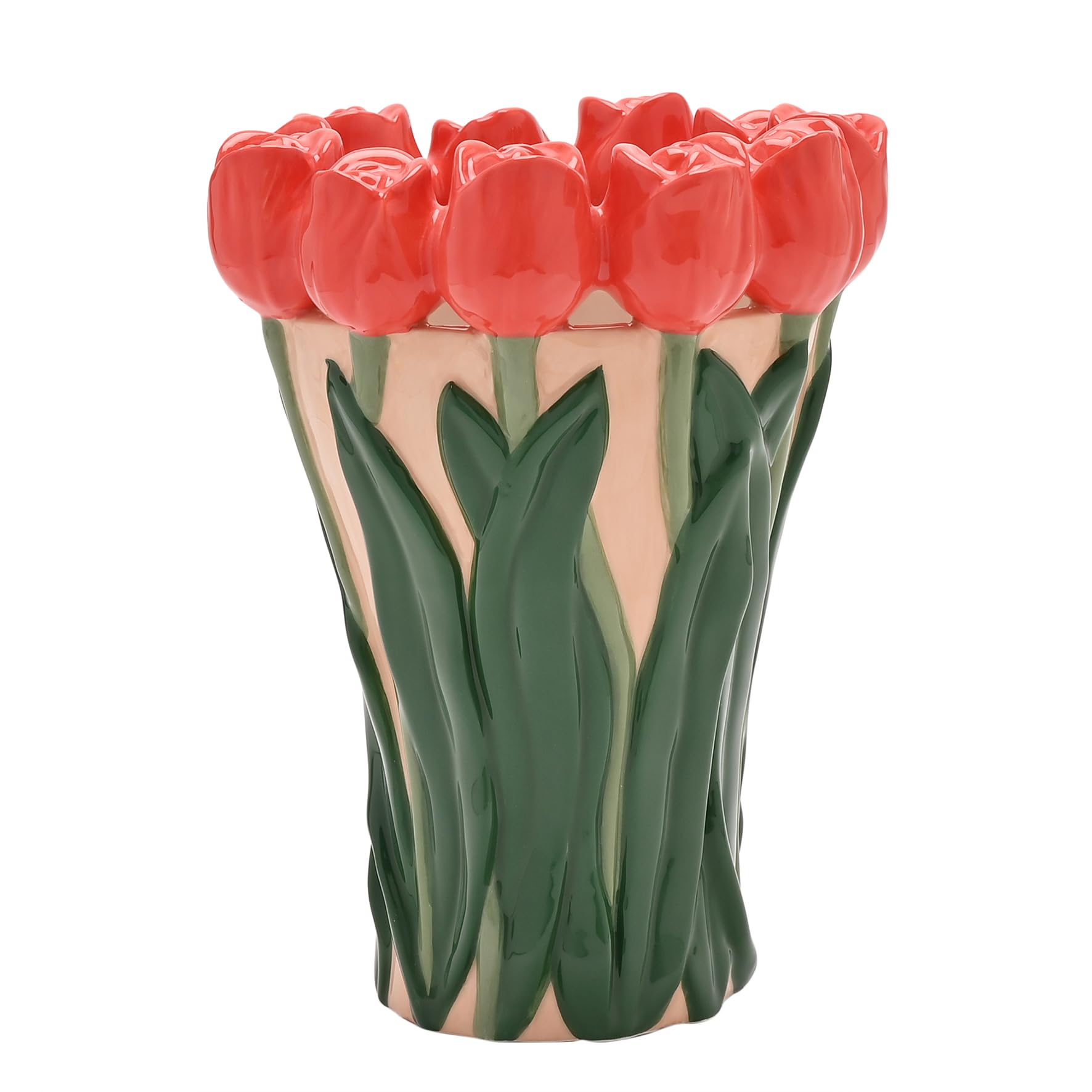 The Cottage Garden Hand Painted Vase - Tulip | Green/Orange Ceramic with Red Flower Design | Country Farmhouse Style Decorative Flower Vase for Rustic or Cottagecore Home Décor