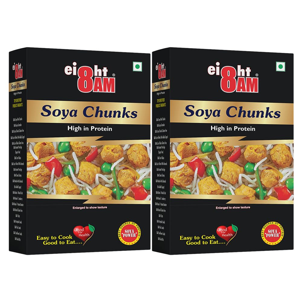 8AM SOYA Chunks High in Protein, Rich in Vitamins, Minerals and Insoluble Fibre, Ideal for Vegans, SOYA Helps to Control High Cholesterol and Sugar Levels, 200g(Pack of 2)