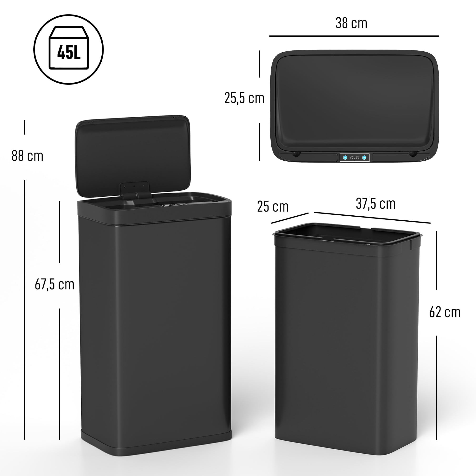 HOMCOM Cubo de Basura Cocina Automático 45 L, Papelera de Cocina de Metal con Sensor Infrarrojo, Cierre Suave, Cubo Interior Extraíble, Antihuellas, para Oficina, Hogar, Negro